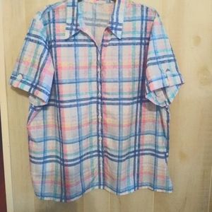 NEW Alfred Dunner XXL/Blue Plaid/Pink background/ghost flowers Button Up Shirt